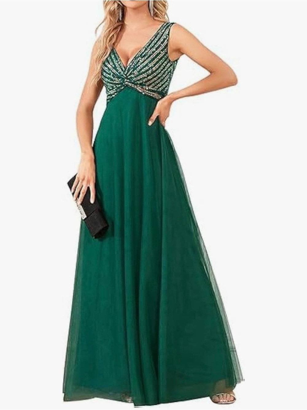 Emerald Green Sequin V-Neck Evening Gown